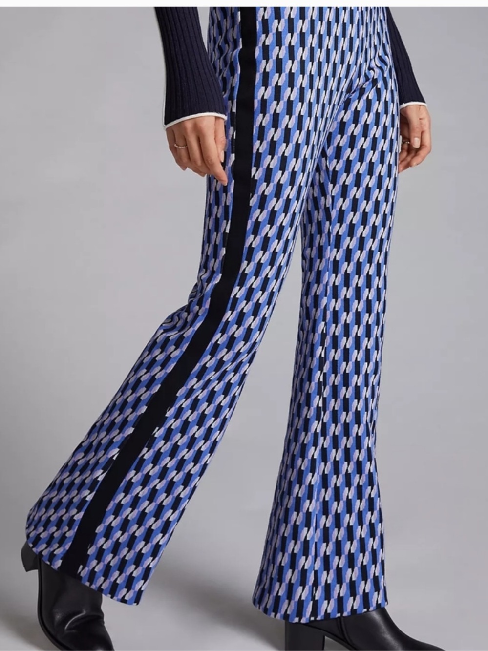 Anthropologie Maeve Monte Flared Ponte pants in geometric blue $128 s